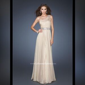 La Femme Cream and Gold Embellished Strapless Gown
